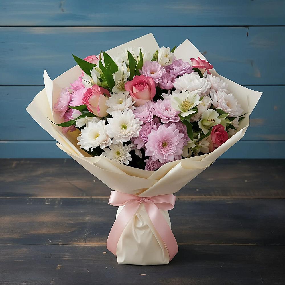 Букет цветов из: Хризантемы, Альстромерии и Розы в Сватково